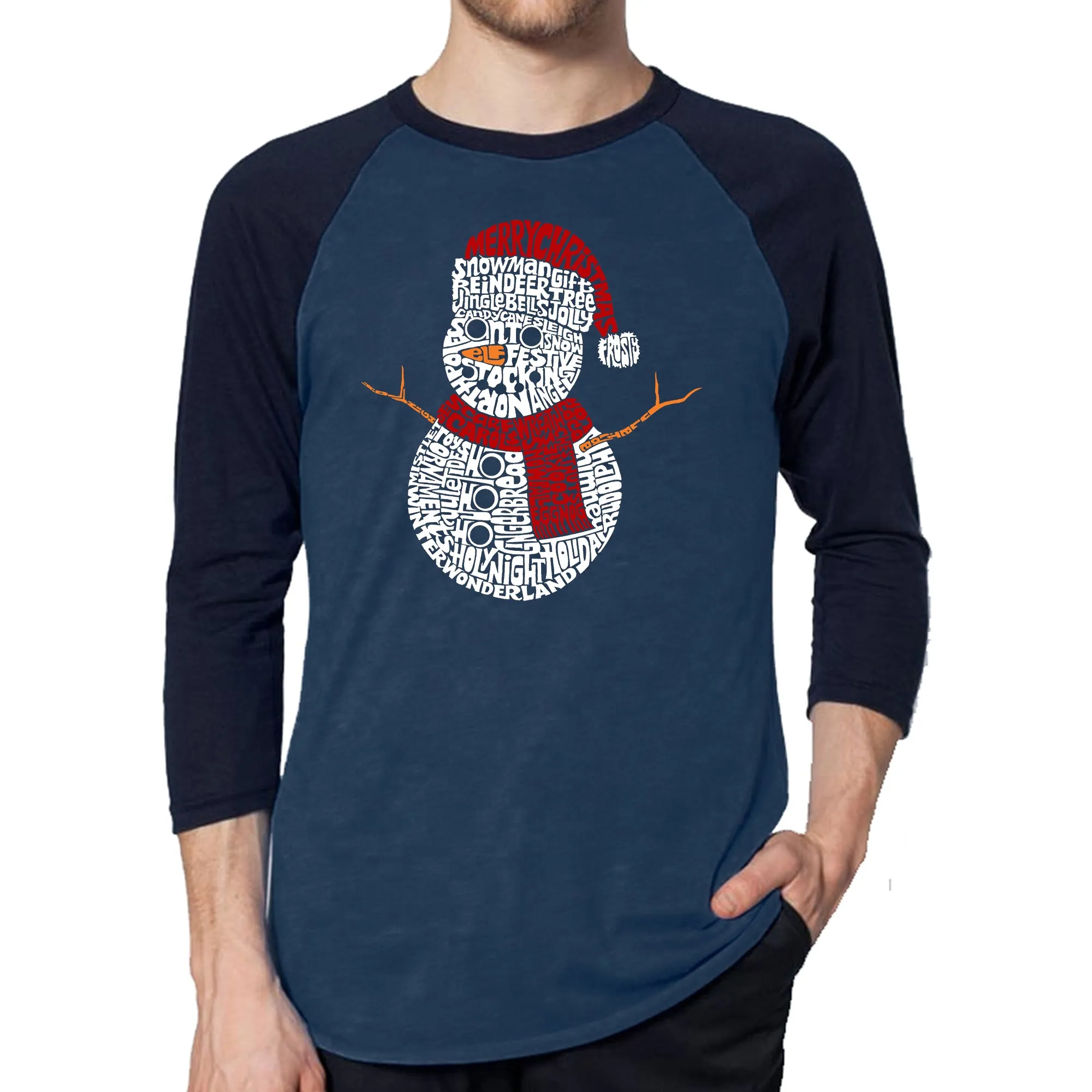 Christmas Snowman - Men's Raglan Baseball Word Art T-Shirt sold by LA Pop Art product image thumbnail 3
