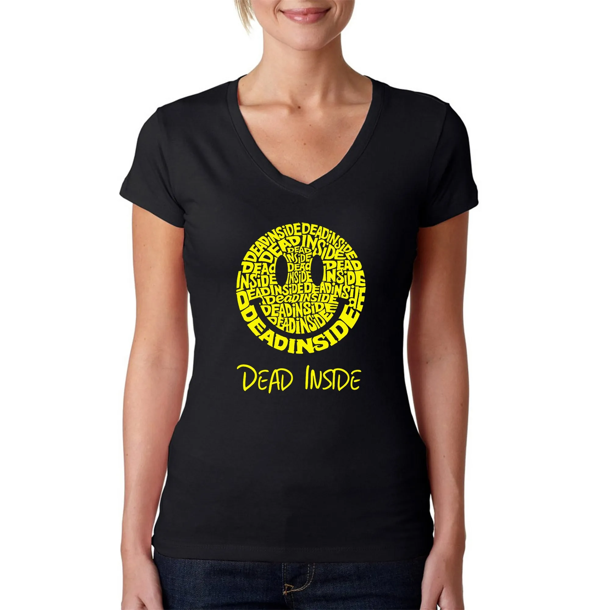 Dead Inside Smile - Women's Word Art V-Neck T-Shirt sold by LA Pop Art