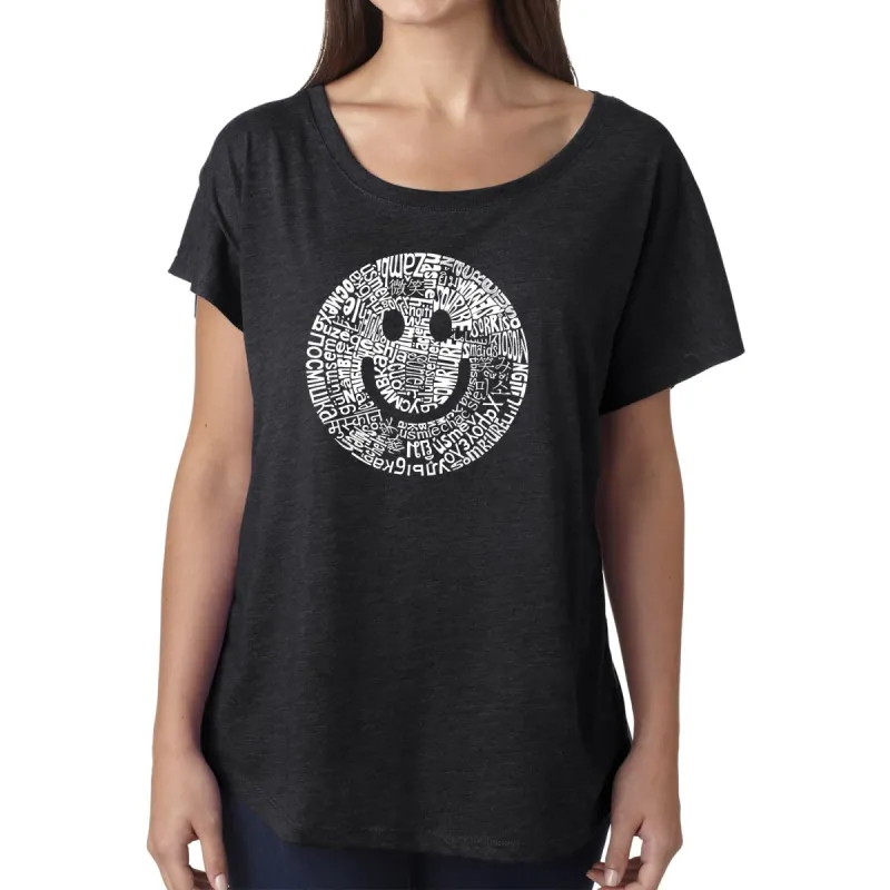 LA Pop Art Women's Dolman Word Art Shirt - SMILE IN DIFFERENT LANGUAGES sold by LA Pop Art