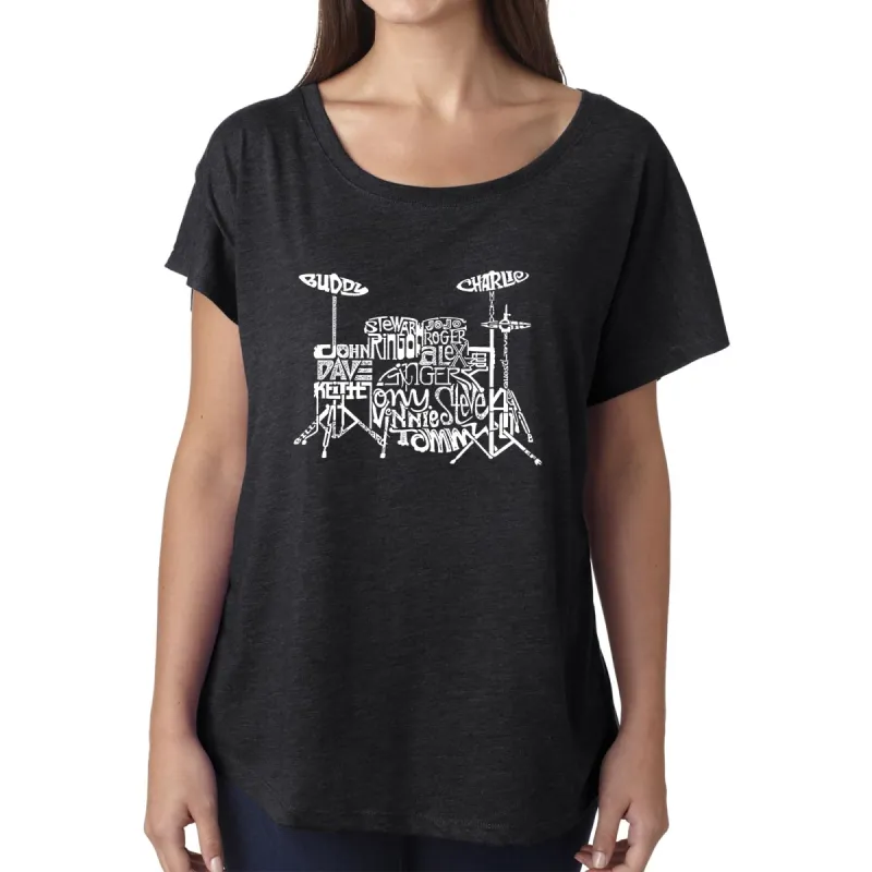LA Pop Art Women's Dolman Word Art Shirt - Drums sold by LA Pop Art