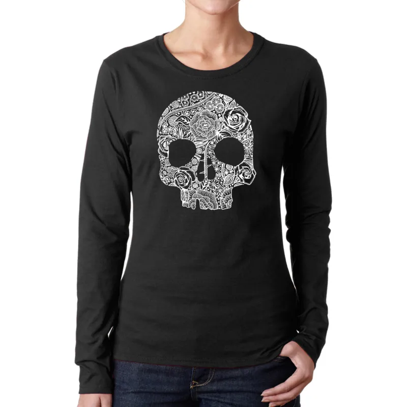 Flower Skull - Women's Word Art Long Sleeve T-Shirt sold by LA Pop Art