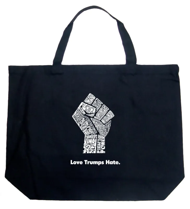 Love Trumps Hate Fist - Large Word Art Tote Bag sold by LA Pop Art