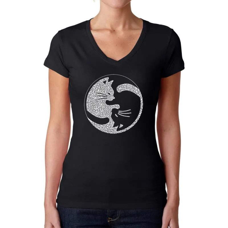Yin Yang Cat  - Women's Word Art V-Neck T-Shirt sold by LA Pop Art