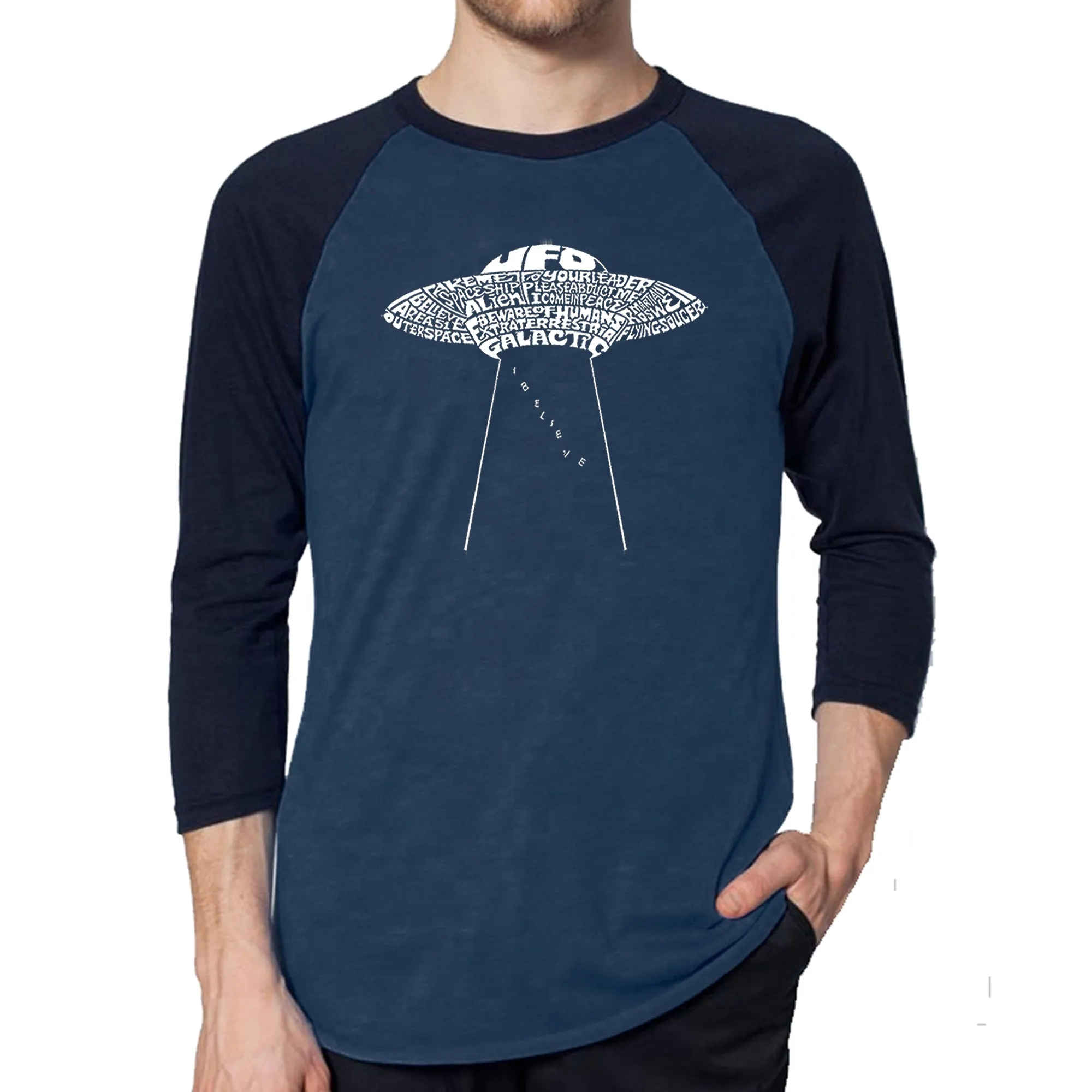 Flying Saucer UFO - Men's Raglan Baseball Word Art T-Shirt sold by LA Pop Art product image thumbnail 3