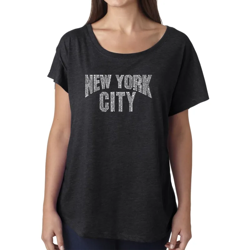 LA Pop Art Women's Dolman Word Art Shirt - NYC NEIGHBORHOODS sold by LA Pop Art