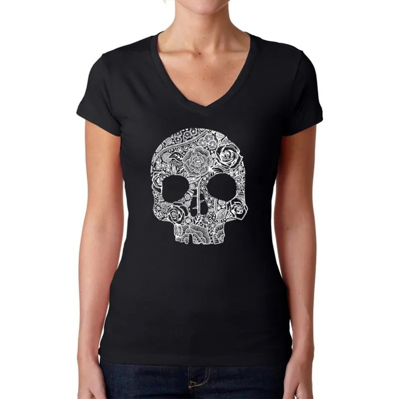Flower Skull  - Women's Word Art V-Neck T-Shirt sold by LA Pop Art