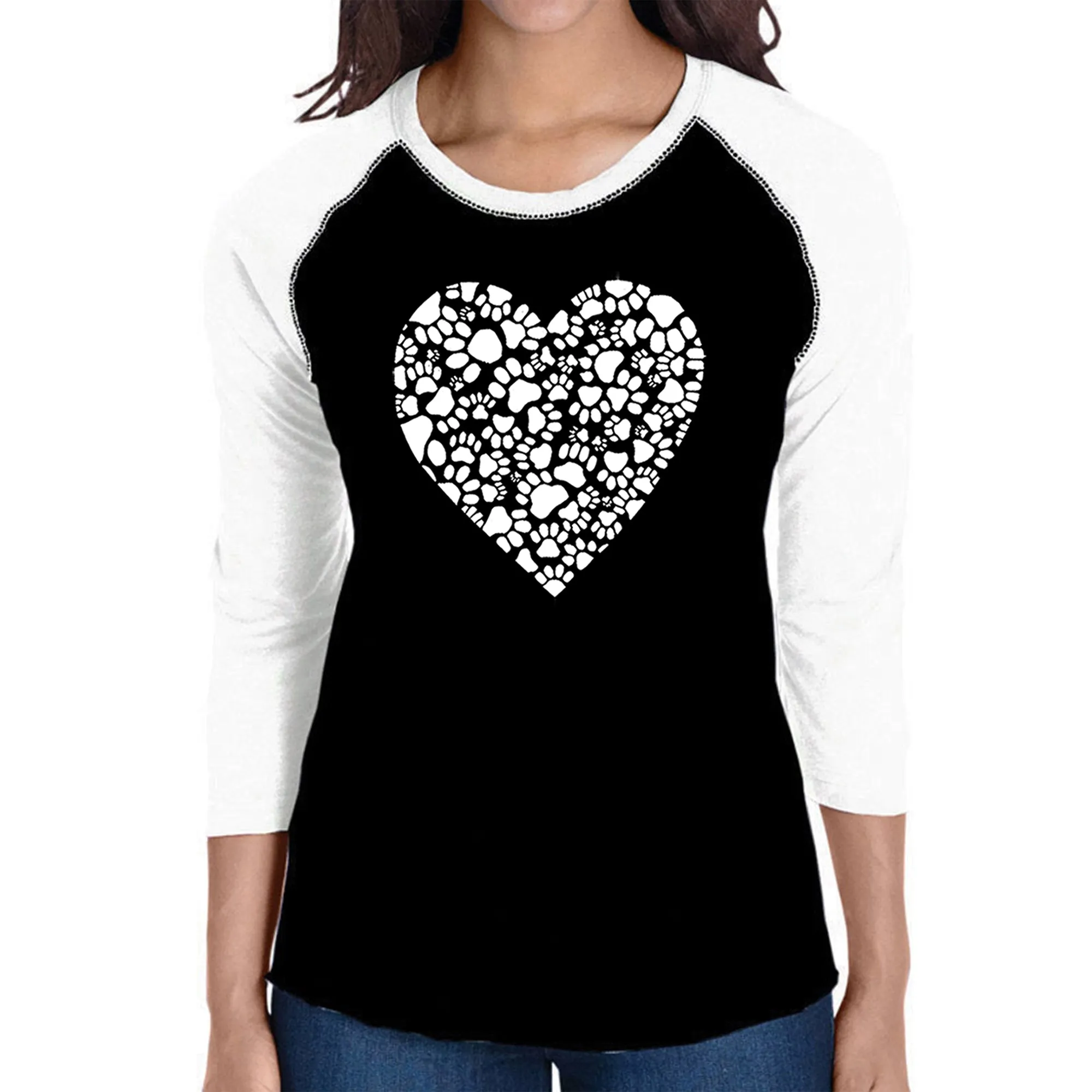 Paw Prints Heart - Women's Raglan Baseball Word Art T-Shirt sold by LA Pop Art