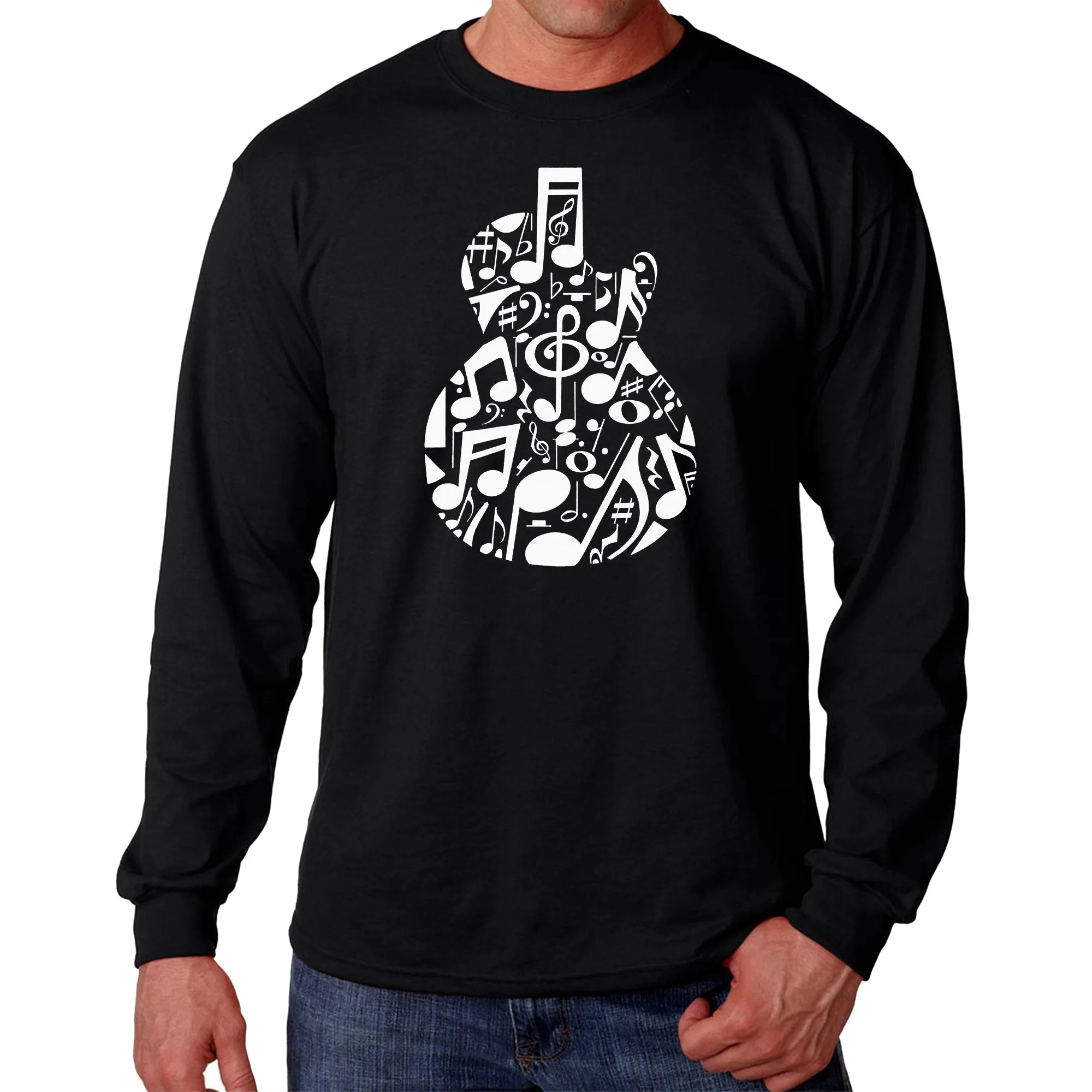 Music Notes Guitar - Men's Word Art Long Sleeve T-Shirt sold by LA Pop Art