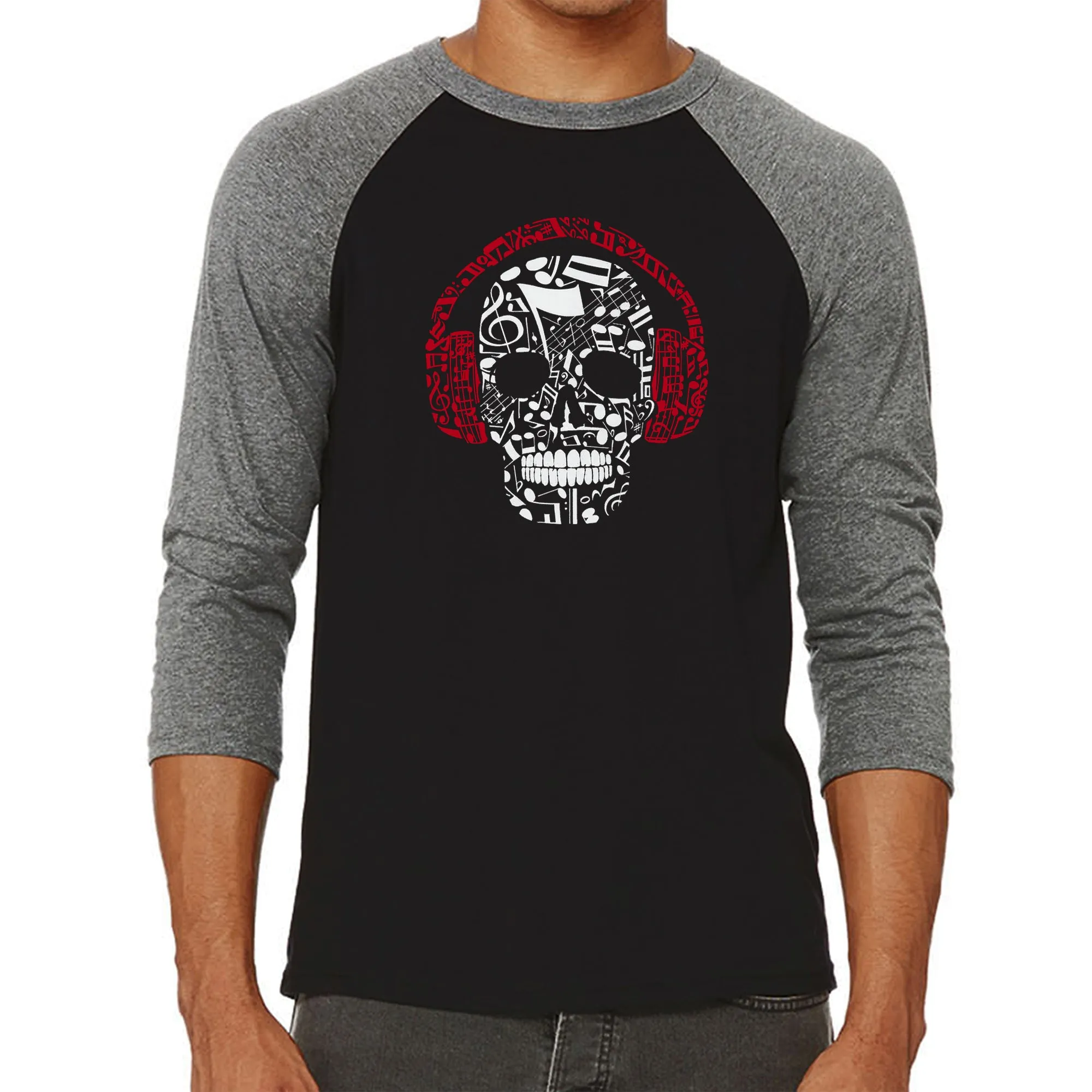 Music Notes Skull - Men's Raglan Baseball Word Art T-Shirt sold by LA Pop Art product image thumbnail 4