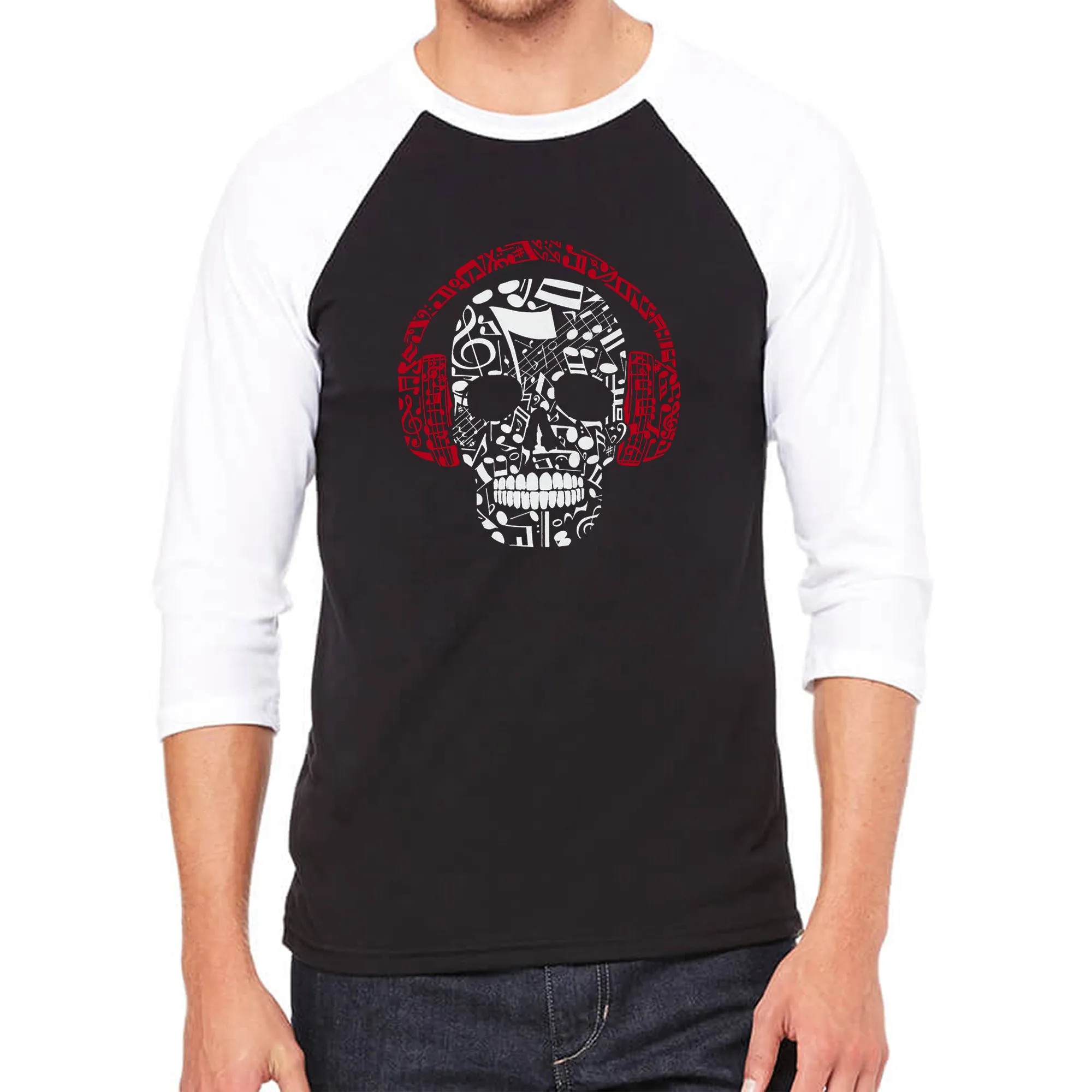 Music Notes Skull - Men's Raglan Baseball Word Art T-Shirt sold by LA Pop Art
