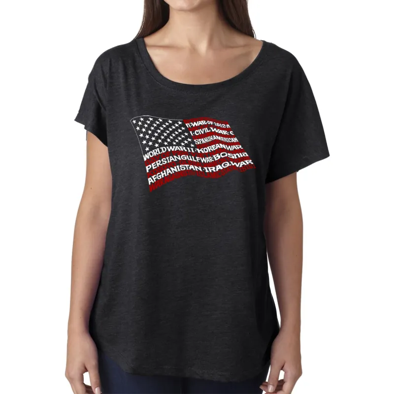 LA Pop Art Women's Dolman Cut Word Art Shirt - American Wars Tribute Flag sold by LA Pop Art