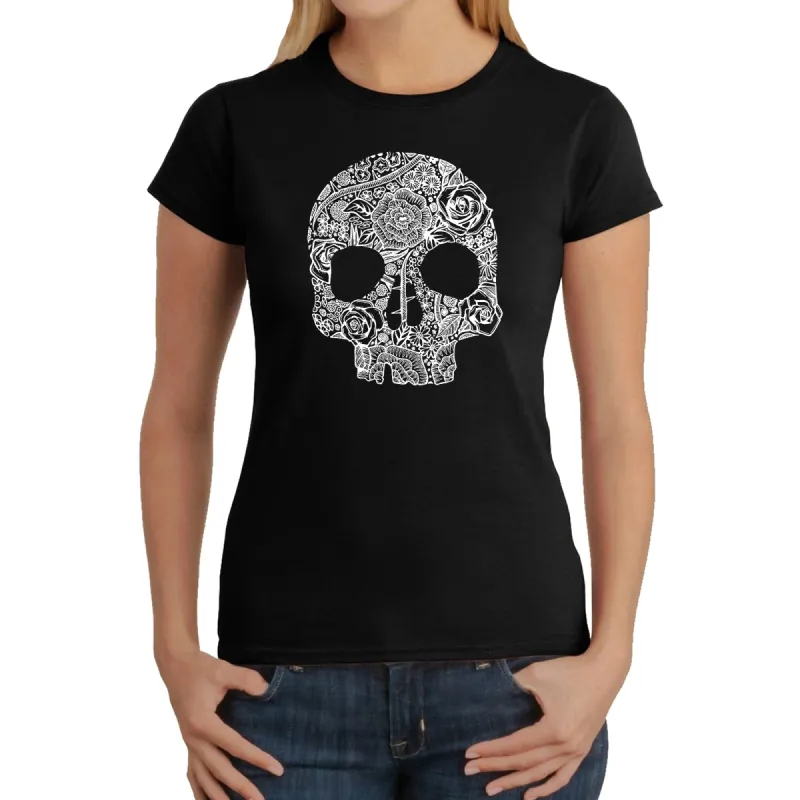 Flower Skull  - Women's Word Art T-Shirt sold by LA Pop Art