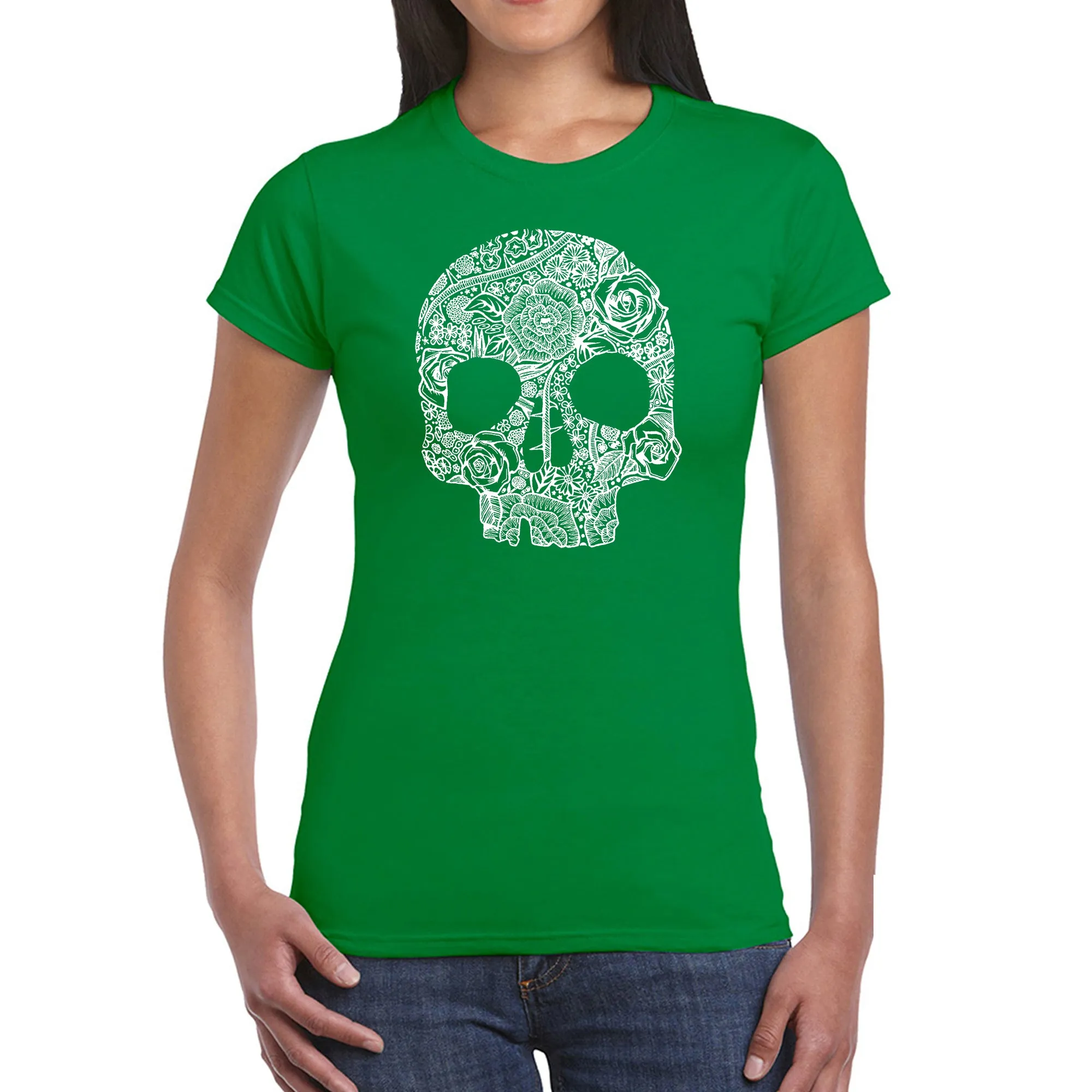 Flower Skull - Women's Word Art T-Shirt sold by LA Pop Art product image thumbnail 5