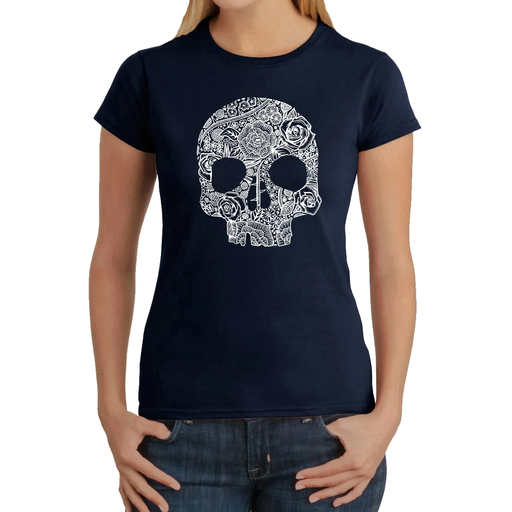 Flower Skull - Women's Word Art T-Shirt sold by LA Pop Art product image thumbnail 3