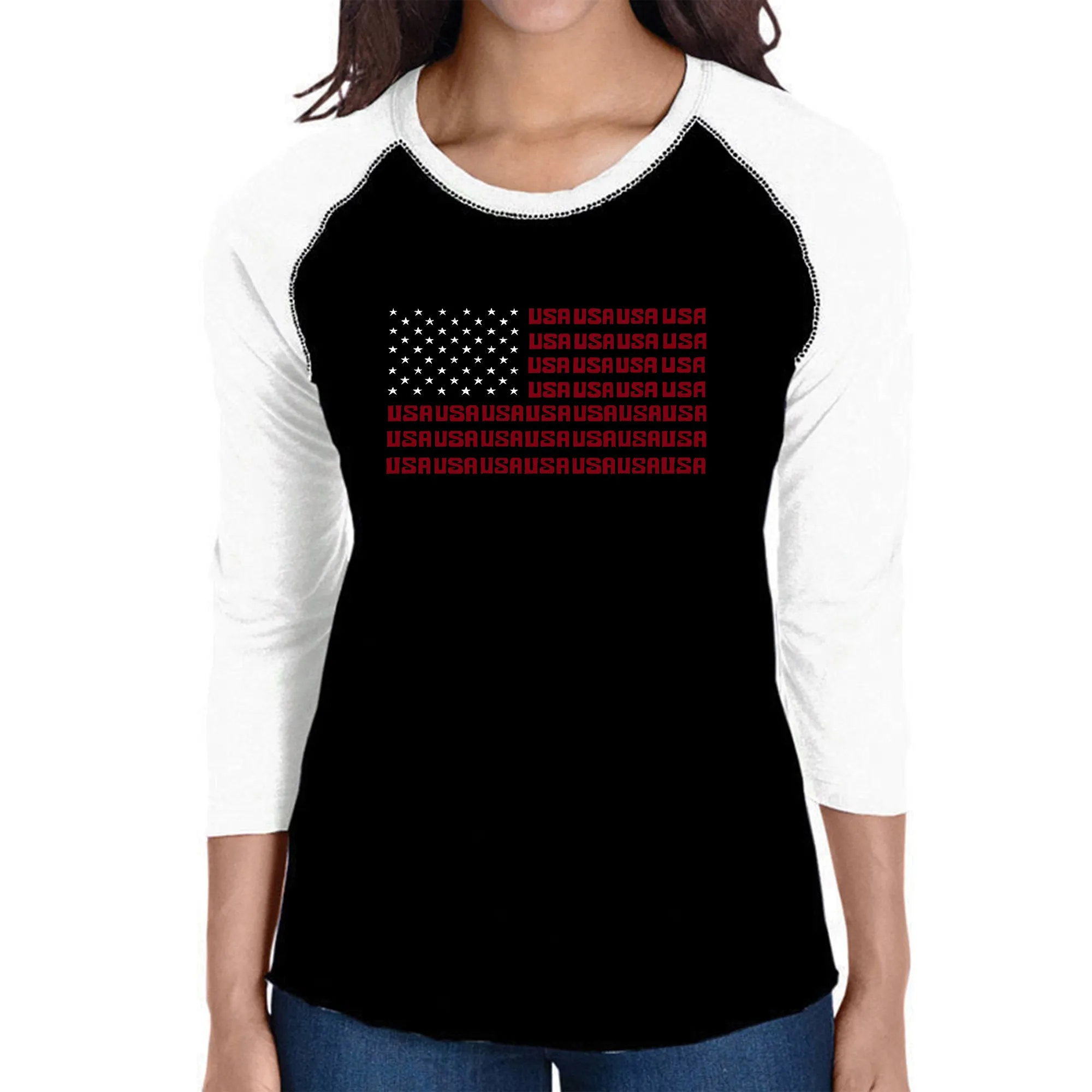 USA Flag - Women's Raglan Baseball Word Art T-Shirt sold by LA Pop Art