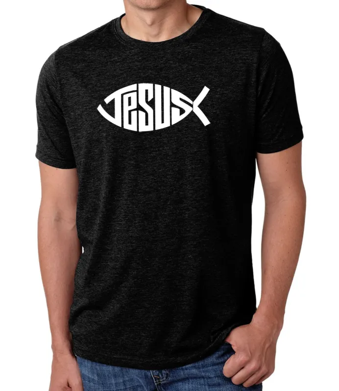 Christian Jesus Name Fish Symbol - Men's Premium Blend Word Art T-Shirt sold by LA Pop Art
