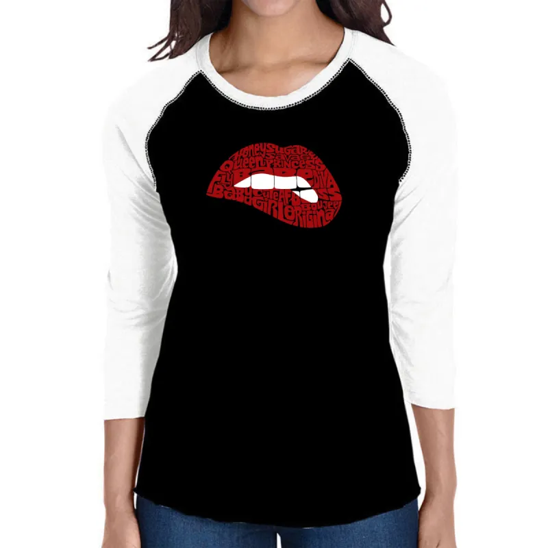 Savage Lips - Women's Raglan Baseball Word Art T-Shirt sold by LA Pop Art