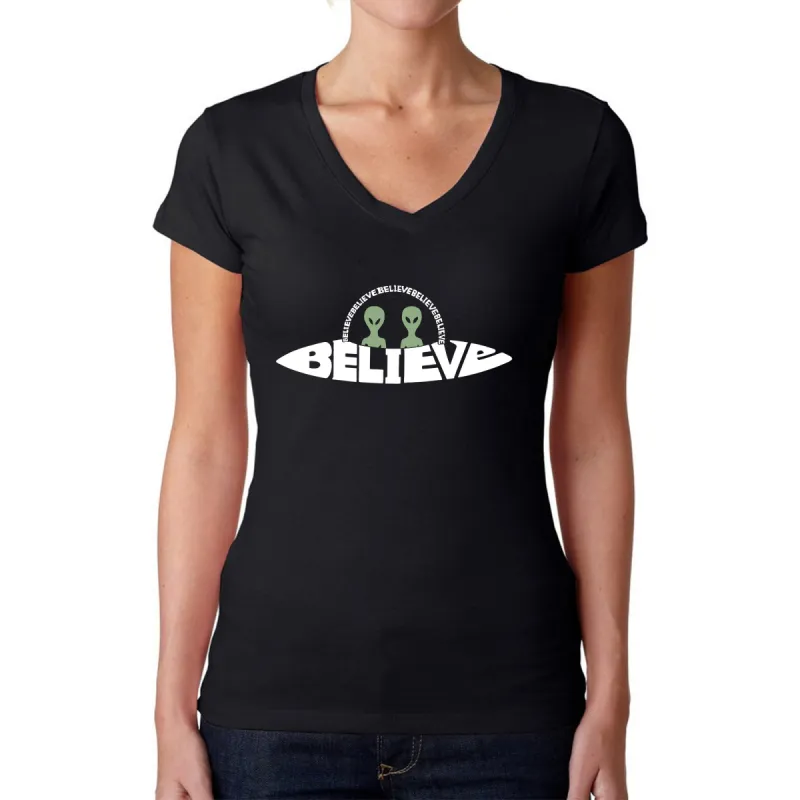 Believe UFO - Women's Word Art V-Neck T-Shirt sold by LA Pop Art