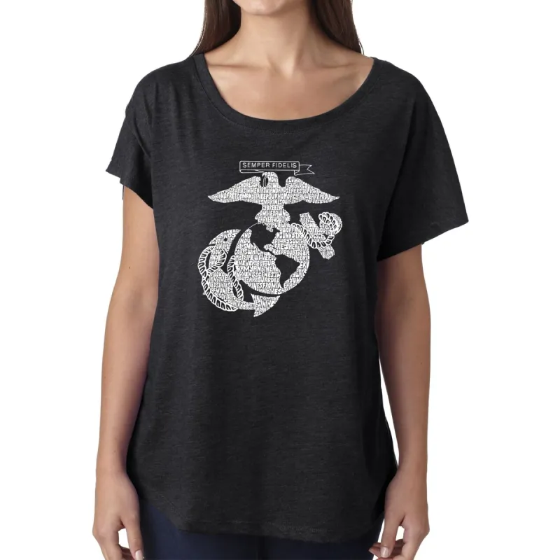 LA Pop Art Women's Dolman Word Art Shirt - LYRICS TO THE MARINES HYMN sold by LA Pop Art