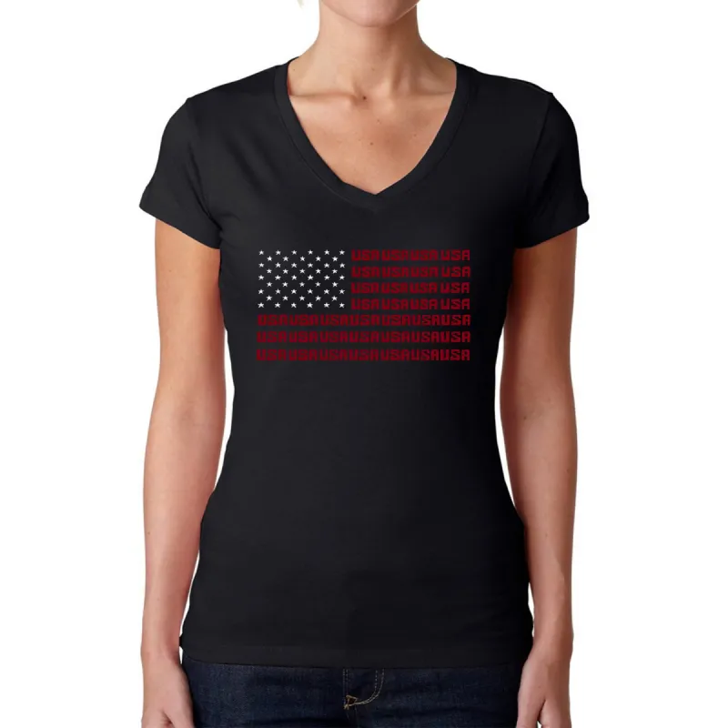USA Flag  - Women's Word Art V-Neck T-Shirt sold by LA Pop Art