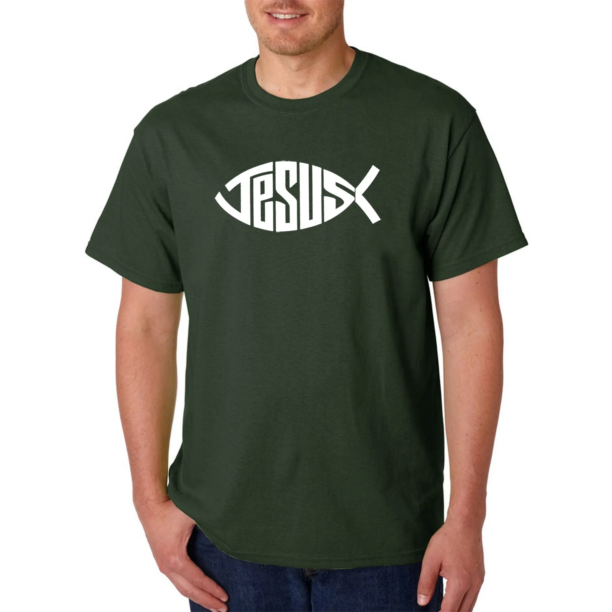 Christian Jesus Name Fish Symbol - Men's Word Art T-Shirt sold by LA Pop Art product image thumbnail 4