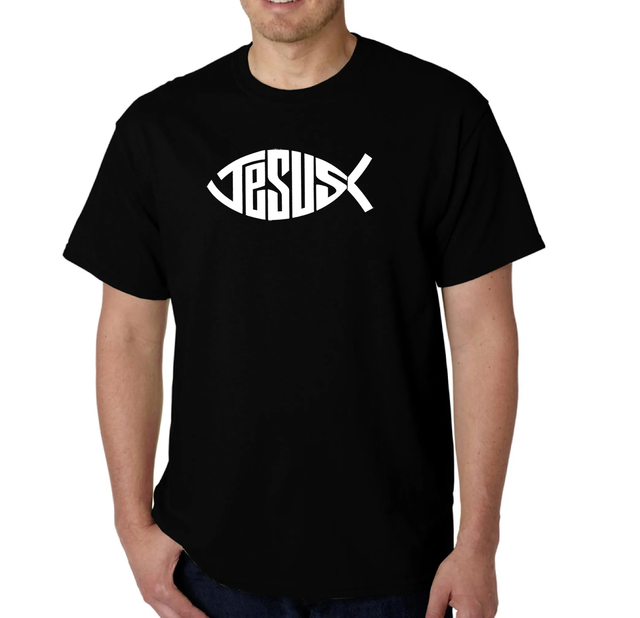 Christian Jesus Name Fish Symbol - Men's Word Art T-Shirt sold by LA Pop Art