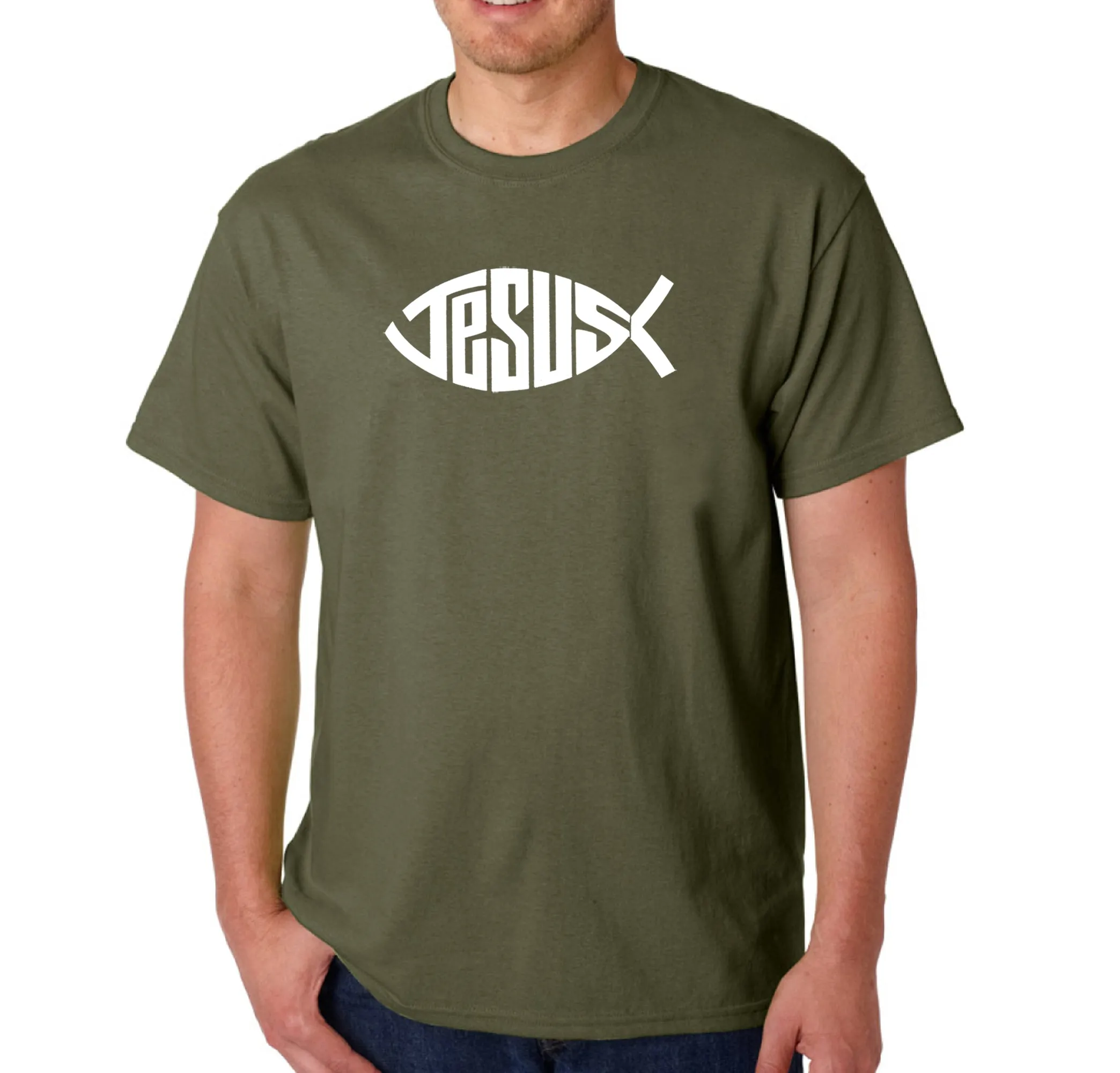 Christian Jesus Name Fish Symbol - Men's Word Art T-Shirt sold by LA Pop Art product image thumbnail 5