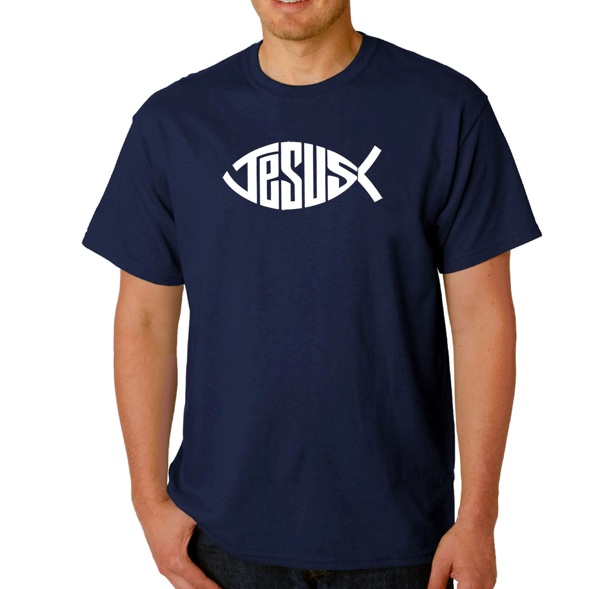 Christian Jesus Name Fish Symbol - Men's Word Art T-Shirt sold by LA Pop Art product image thumbnail 3