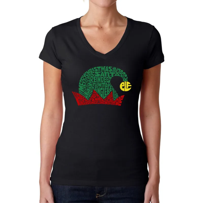 Christmas Elf Hat - Women's Word Art V-Neck T-Shirt sold by LA Pop Art