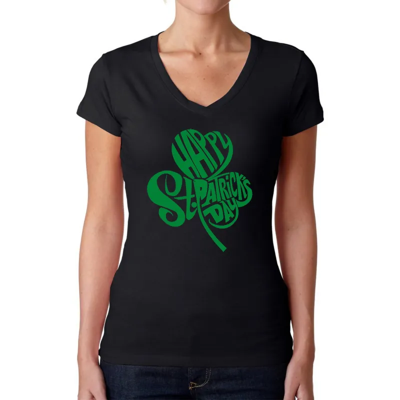 St Patricks Day Shamrock  - Women's Word Art V-Neck T-Shirt sold by LA Pop Art
