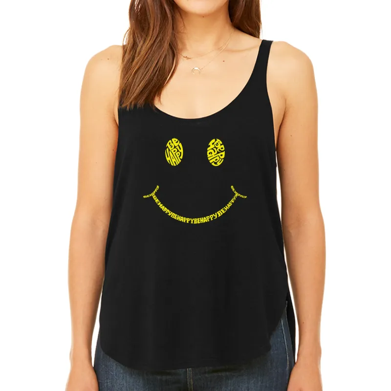 Be Happy Smiley Face  - Women's Premium Word Art Flowy Tank Top sold by LA Pop Art