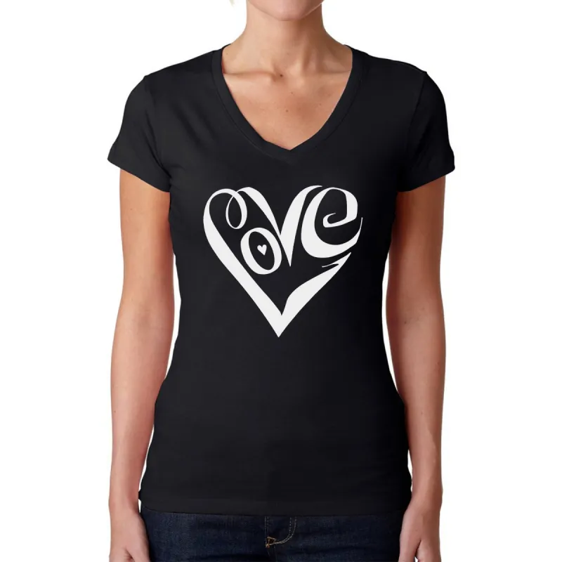 Script Love Heart  - Women's Word Art V-Neck T-Shirt sold by LA Pop Art