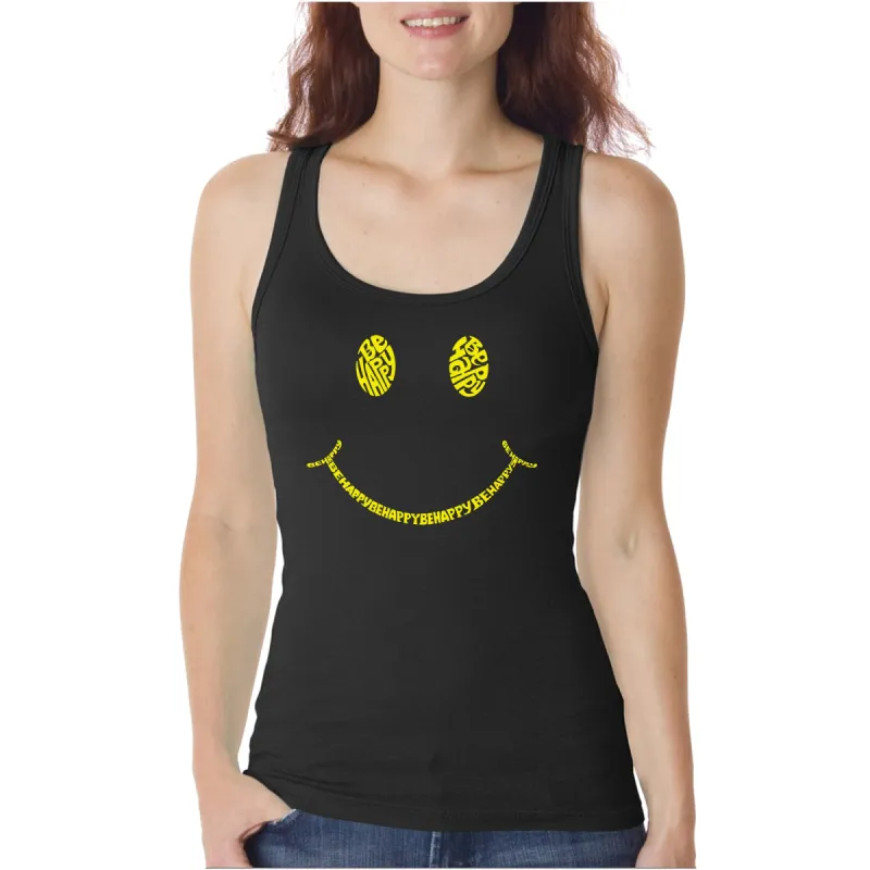 Be Happy Smiley Face  - Women's Word Art Tank Top sold by LA Pop Art