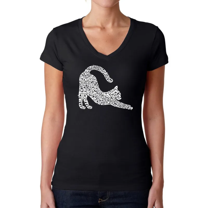 Stretching Cat - Women's Word Art V-Neck T-Shirt sold by LA Pop Art