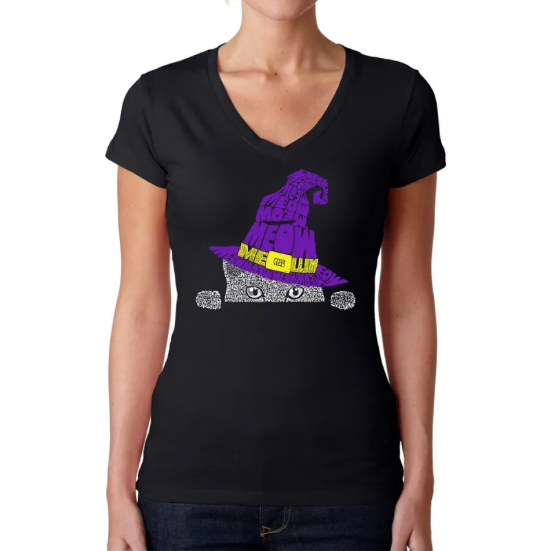 Peeking Witch Cat - Women's Word Art V-Neck T-Shirt sold by LA Pop Art