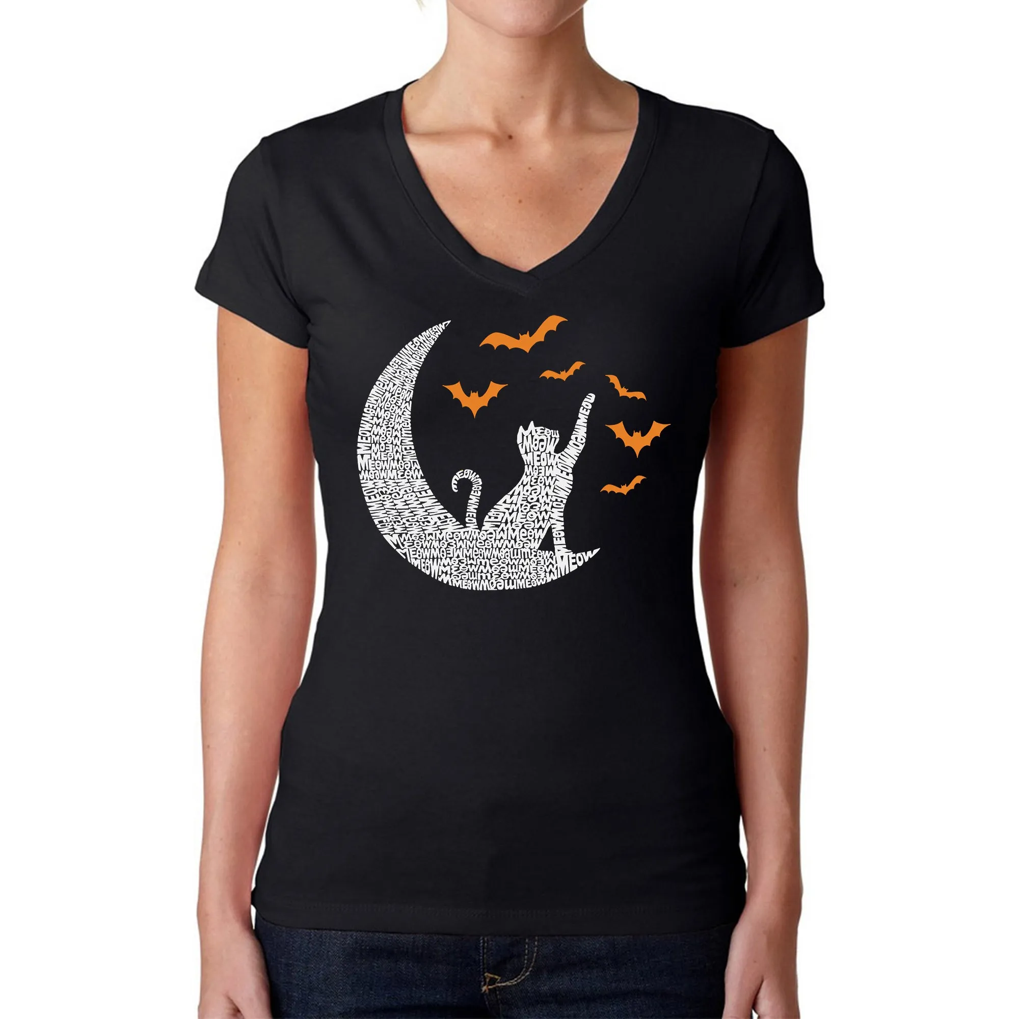 Halloween Cat Moon - Women's Word Art V-Neck T-Shirt sold by LA Pop Art