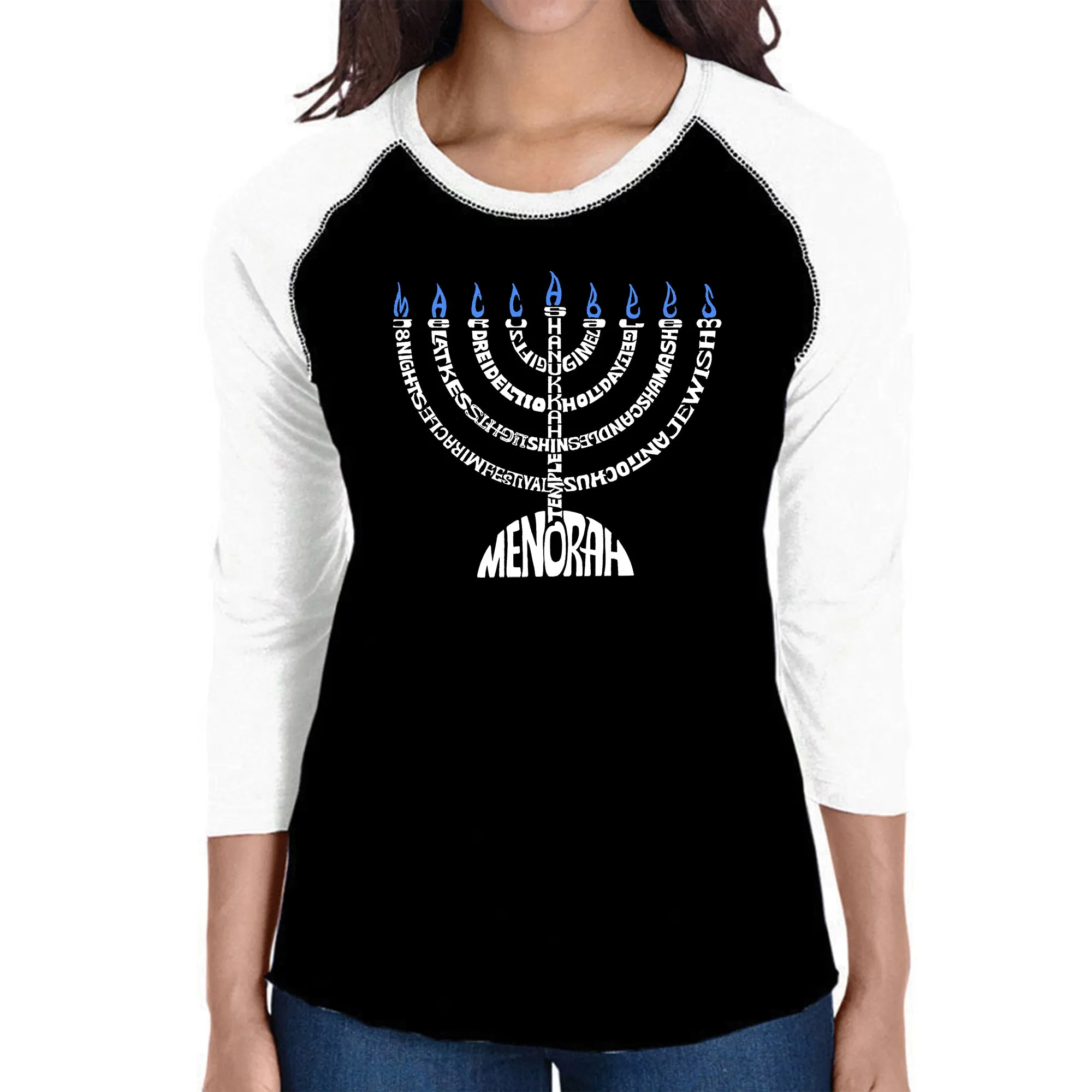 Hanukkah Menorah - Women's Raglan Word Art T-Shirt sold by LA Pop Art