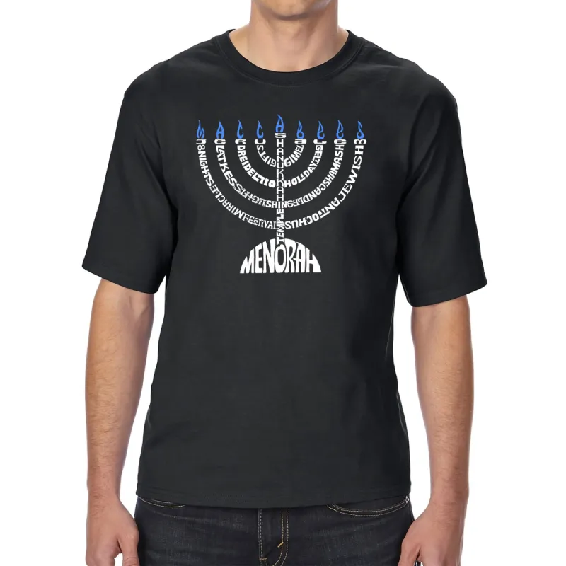 Hanukkah Menorah - Men's Tall and Long Word Art T-Shirt sold by LA Pop Art