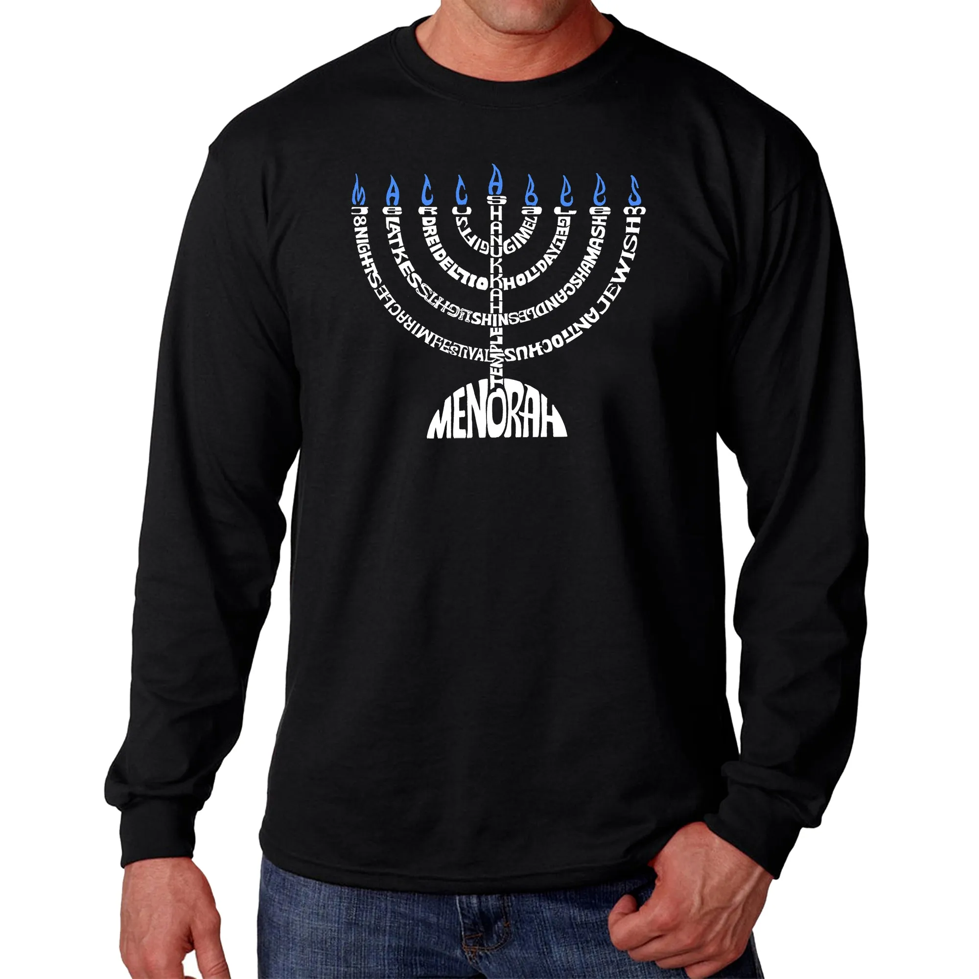 Hanukkah Menorah - Men's Word Art Long Sleeve T-Shirt sold by LA Pop Art