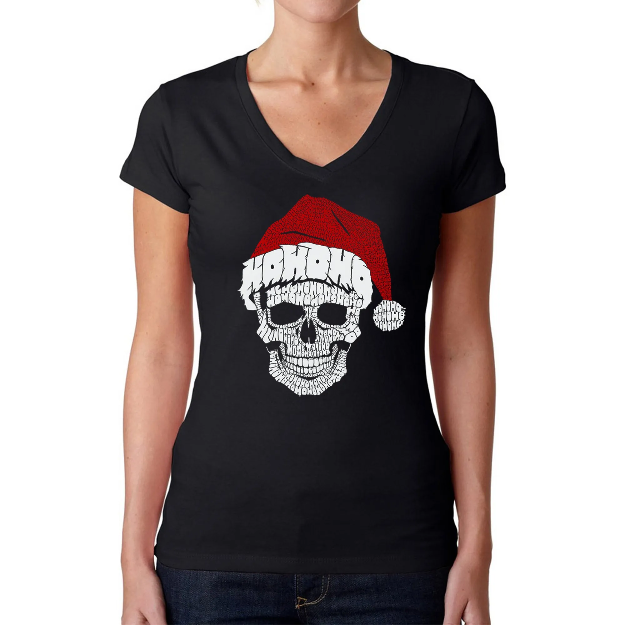 Santa Skull - Women's Word Art V-Neck T-Shirt sold by LA Pop Art