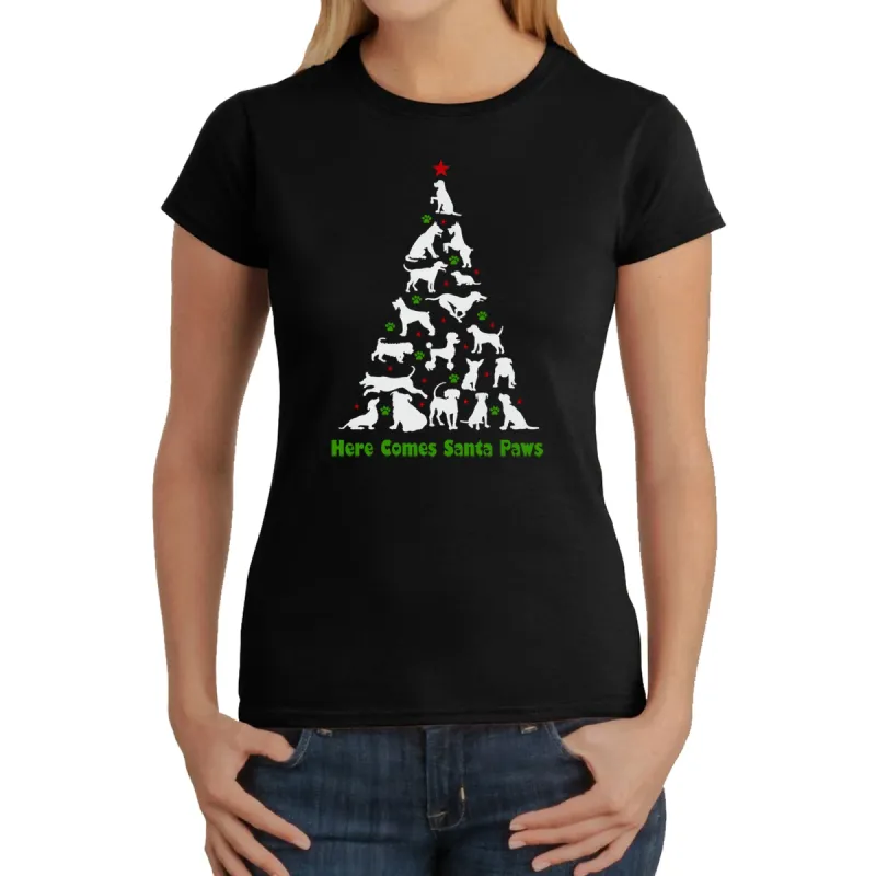 Here Comes Santa Paws - Women's Word Art T-Shirt sold by LA Pop Art