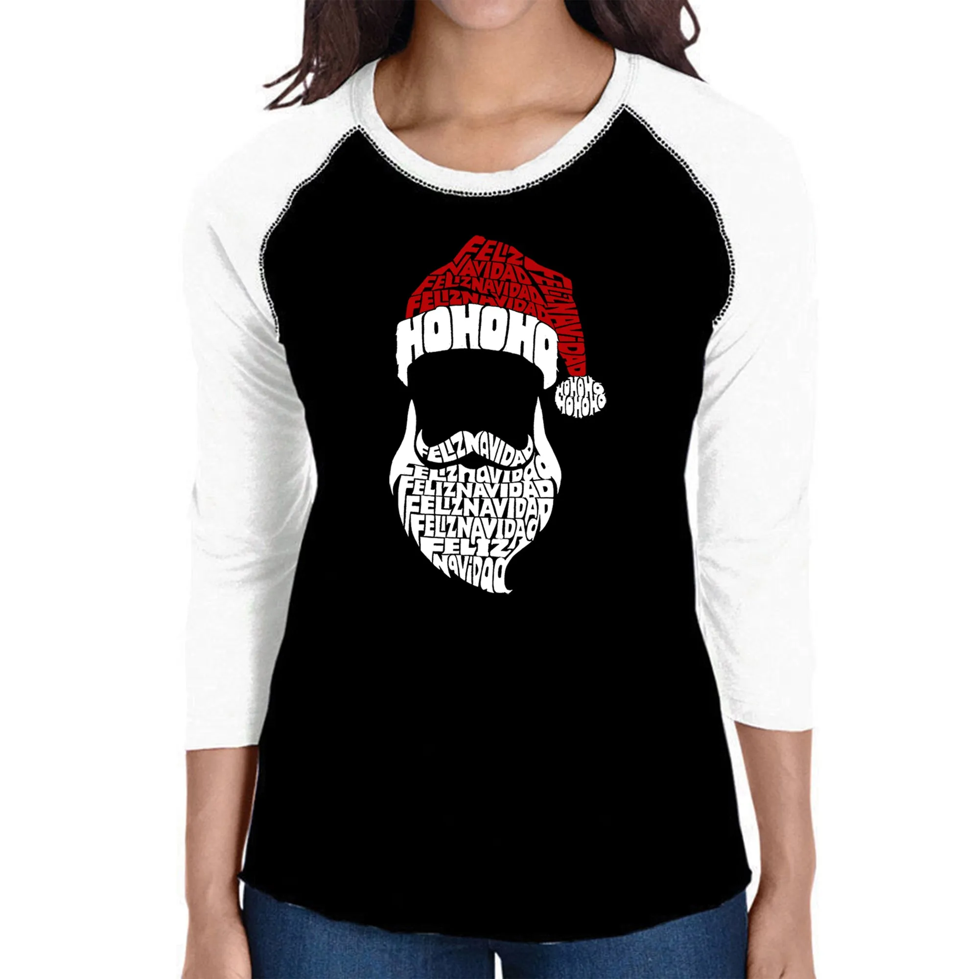 Feliz Navidad Santa Claus - Women's Raglan Word Art T-Shirt sold by LA Pop Art