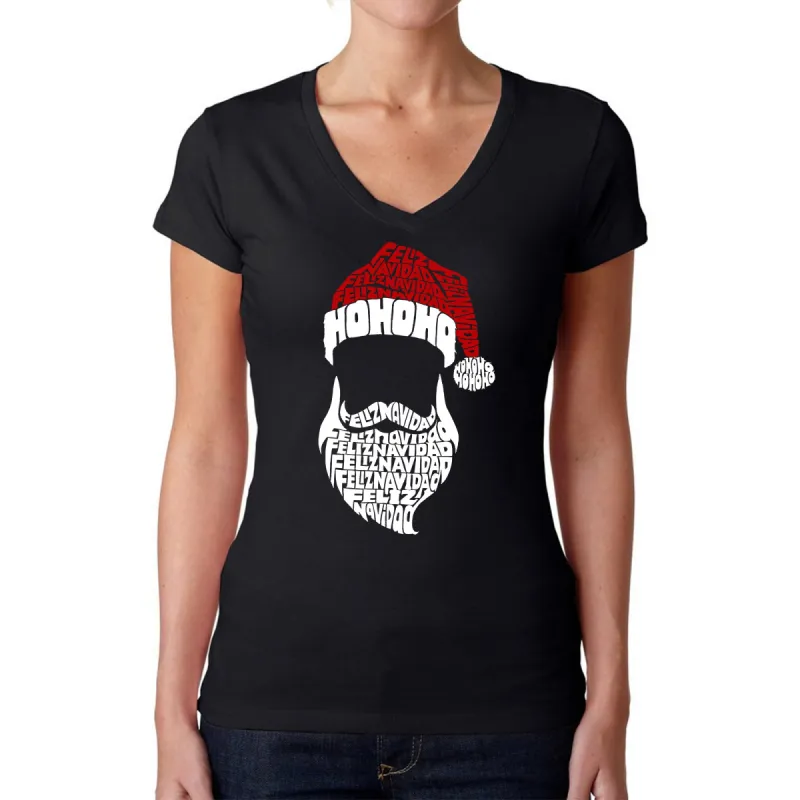 Feliz Navidad Santa Claus - Women's Word Art V-Neck T-Shirt sold by LA Pop Art