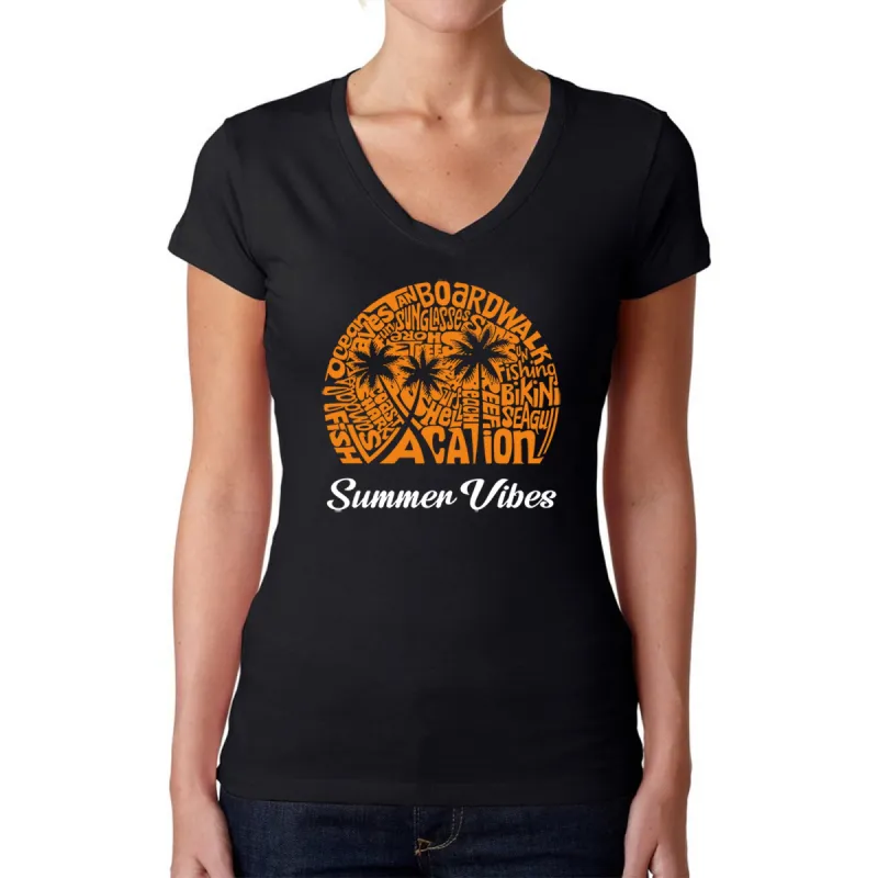 Summer Vibes - Women's Word Art V-Neck T-Shirt sold by LA Pop Art