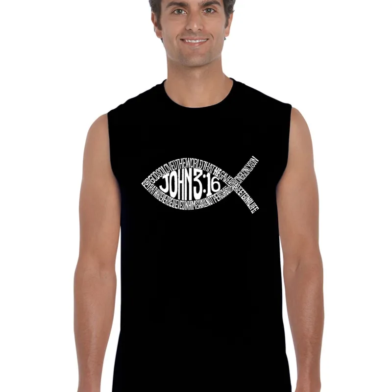 John 3:16 Fish Symbol -  Men's Word Art Sleeveless T-Shirt sold by LA Pop Art