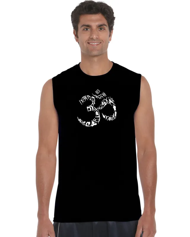 THE OM SYMBOL OUT OF YOGA POSES - Men's Word Art Sleeveless T-Shirt sold by LA Pop Art