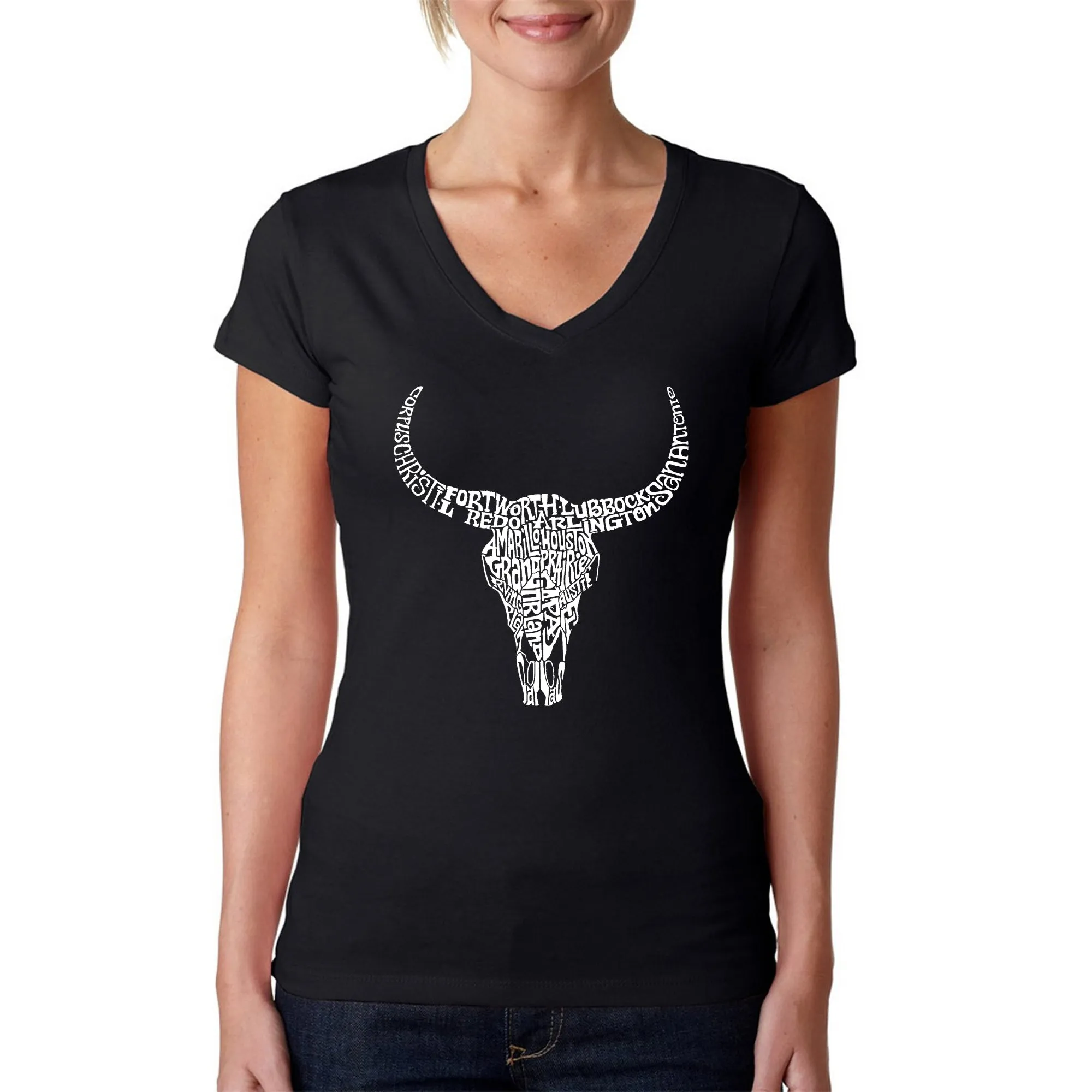 Texas Skull - Women's Word Art V-Neck T-Shirt sold by LA Pop Art