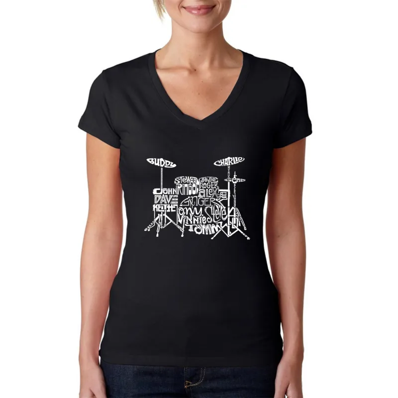Drums - Women's Word Art V-Neck T-Shirt sold by LA Pop Art