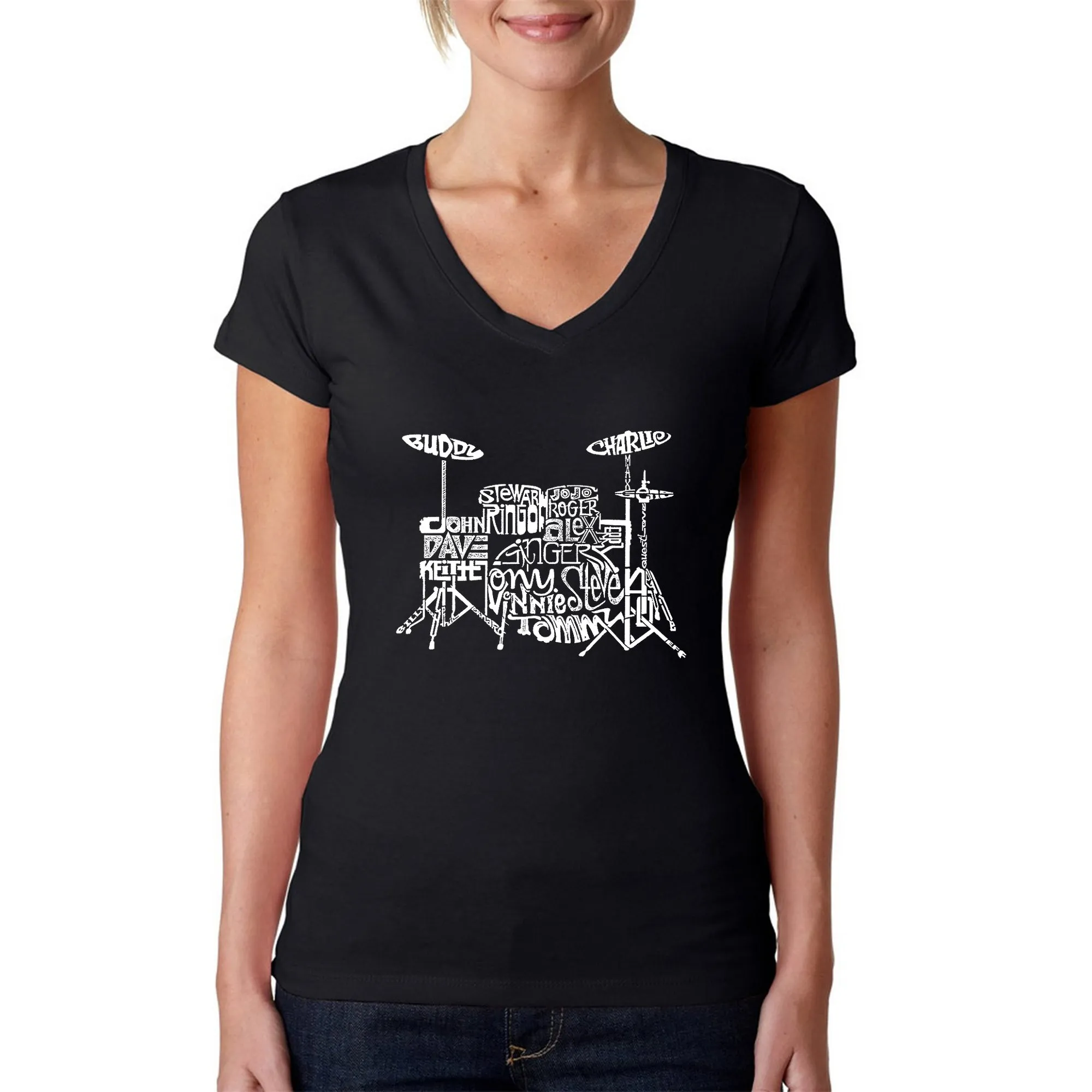 Drums - Women's Word Art V-Neck T-Shirt sold by LA Pop Art