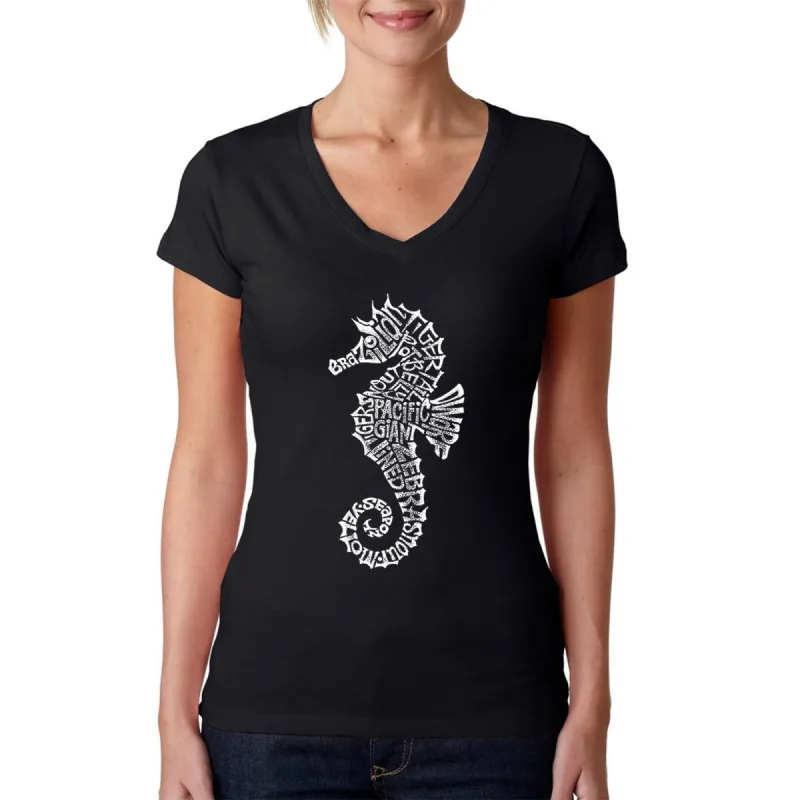 Types of Seahorse - Women's Word Art V-Neck T-Shirt sold by LA Pop Art
